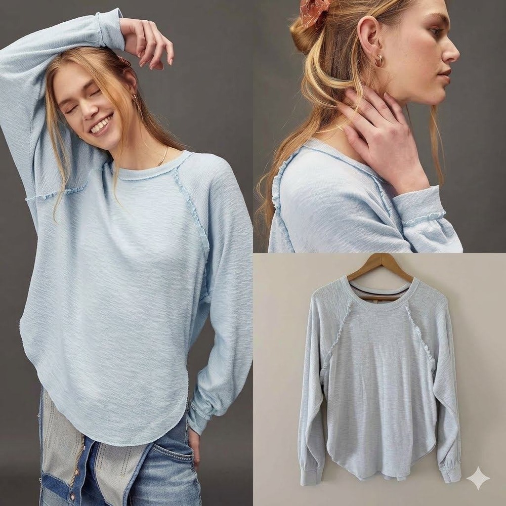 Pilcro Pullover Diana Small Blue Ruffled Raglan Thermal Slub Knit Anthropologie - Picture 2 of 12